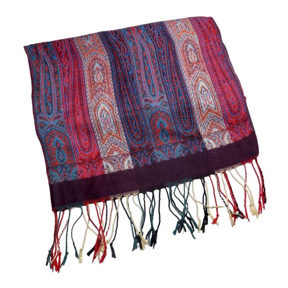 90s Vintage Purple & Pink Paisley Pashmina Scarf with Tassels Retro Bohemian - Picture 2 of 4